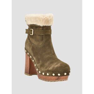 Guess Women’s Leather Green Suede Booties Faux Fur & Studded Block Heel Size 9.5